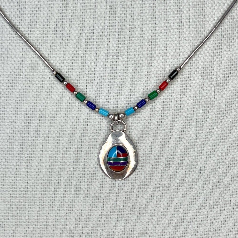 Ella Peter Navajo Genuine Stone Inlay Liquid Silver Necklace